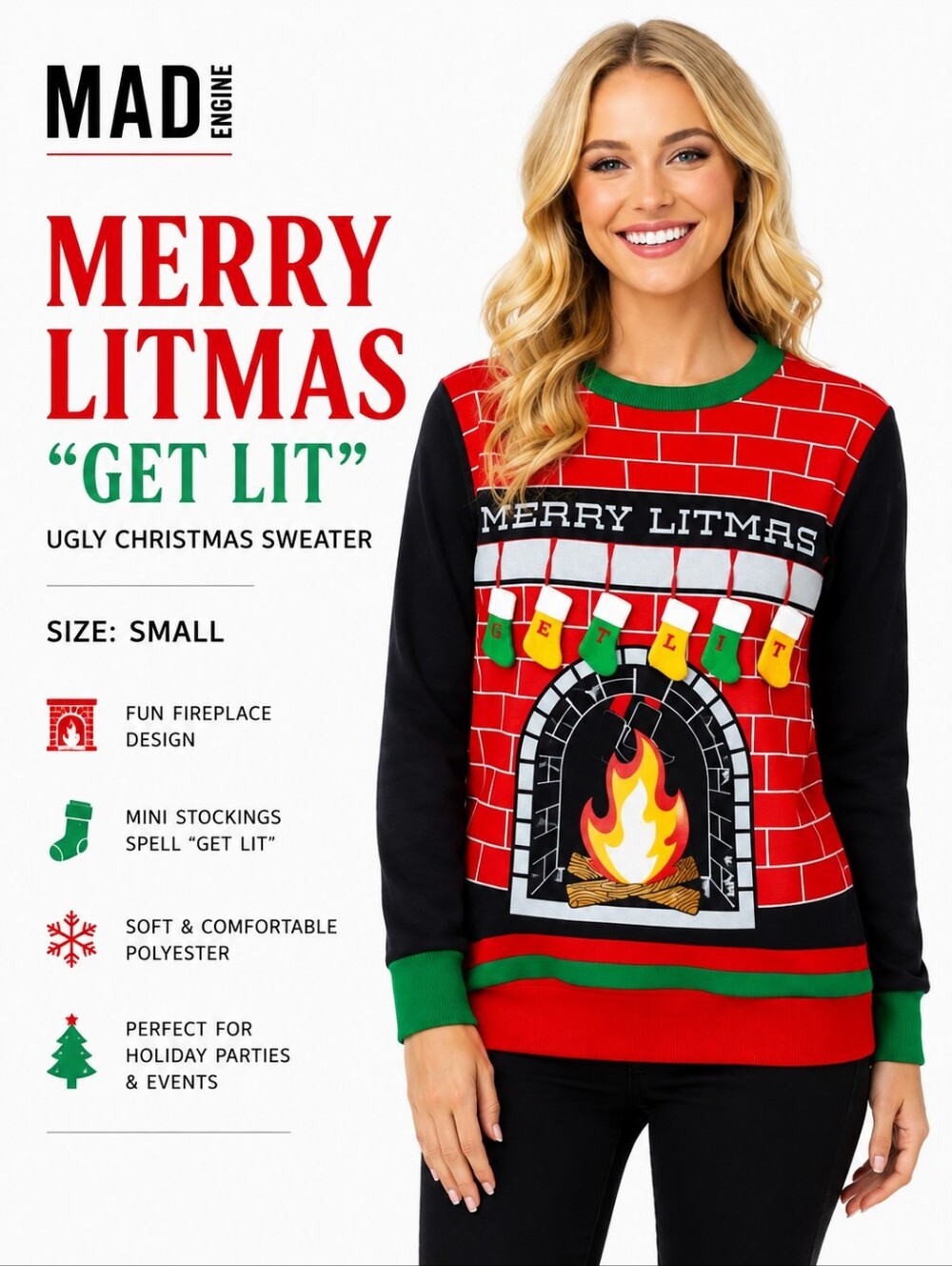 Merry Litmas Women's GET LIT Ugly Christmas Sweater Size Small